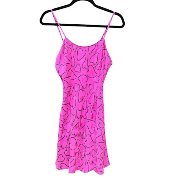 LAURA LEIGH | Silk Y2k Hot Pink Heart Print Spaghetti Strap Slip Slit Dress M - Picture 1 of 14